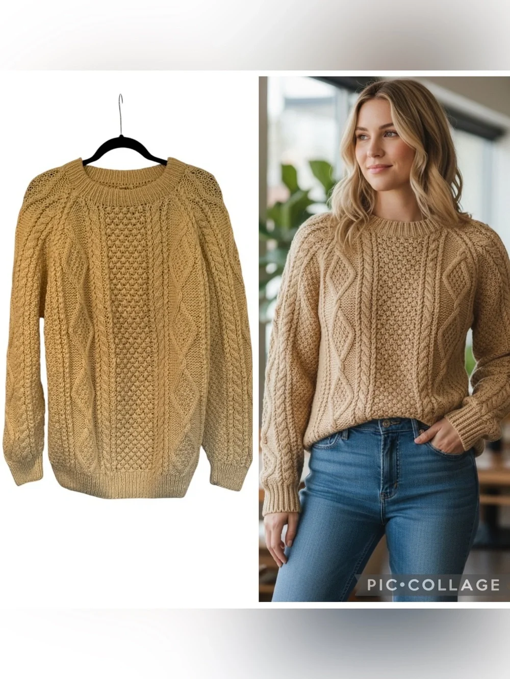 Blarney Woollen Mills Irish Aran Wool Ivory Fisherman Sweater Size L